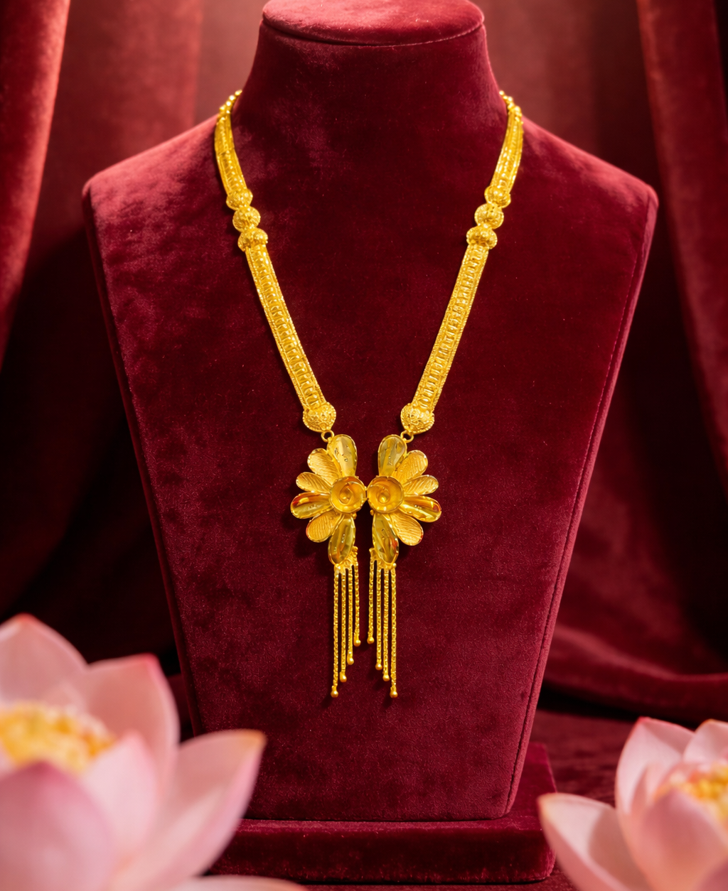 Gold necklace on a red velvet stand with pink lotus flowers in the foreground